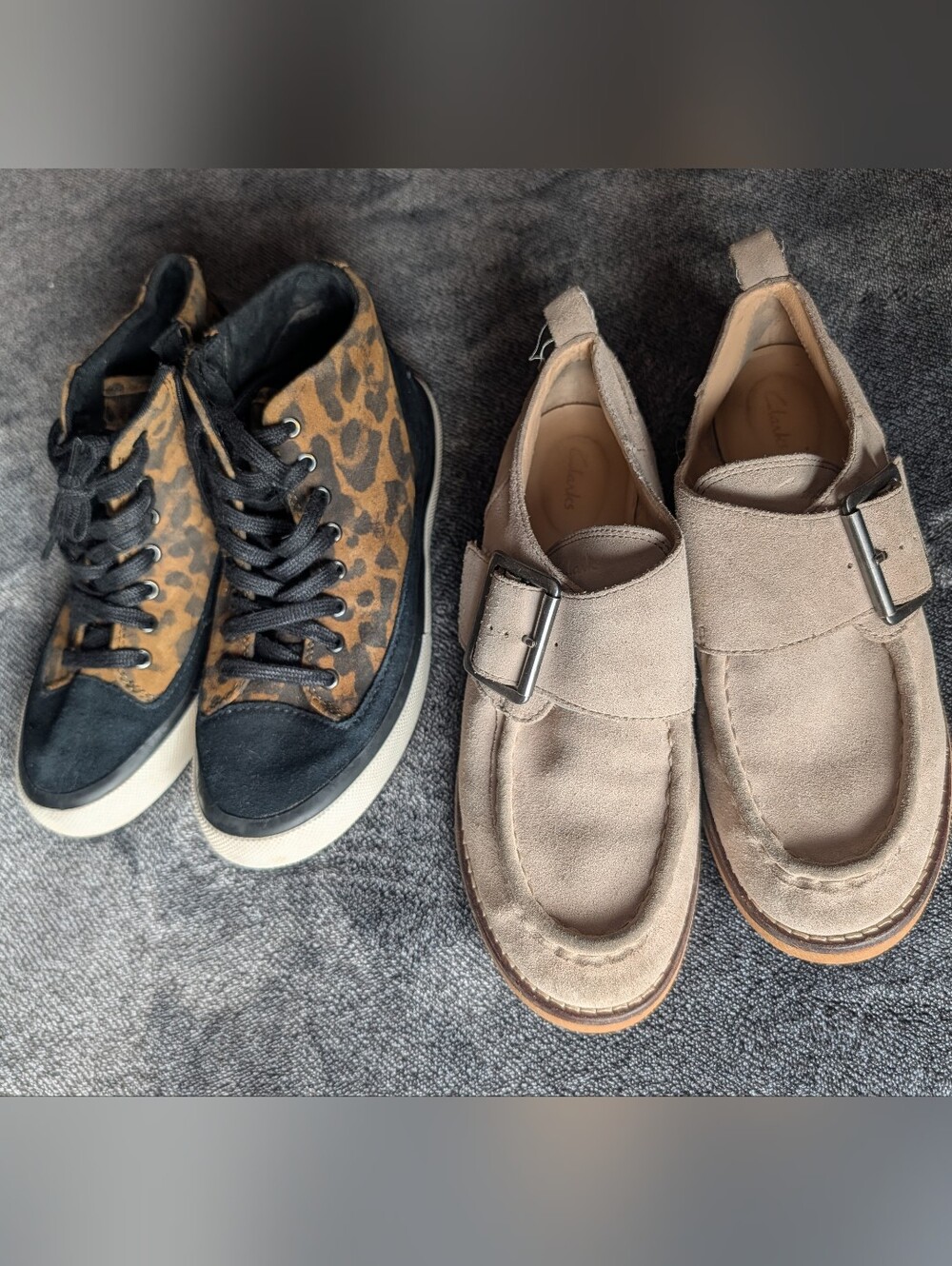 LOT of 2 Clarks Suede Shoes: Sand Buckle Loafers Sz 7 & Leopard High Tops 6.5